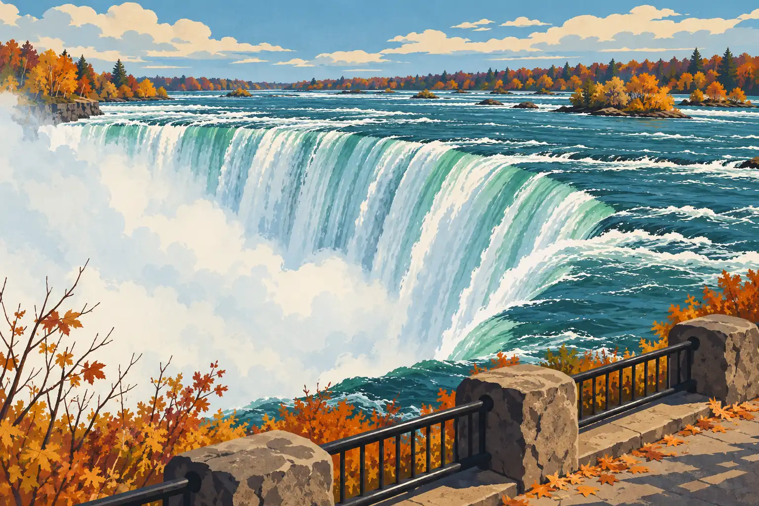 De larges chutes d’eau bordées d’arbres aux couleurs d’automne, avec une rambarde noire et des piliers en pierre au premier plan