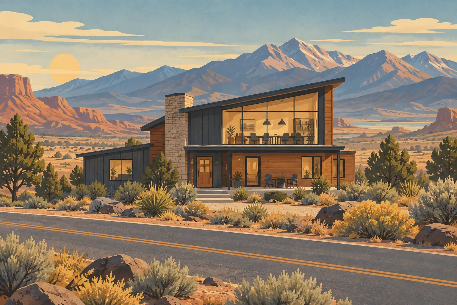 Modern illuminated house beside a road, surrounded by desert vegetation, with rugged mountains and a setting sun