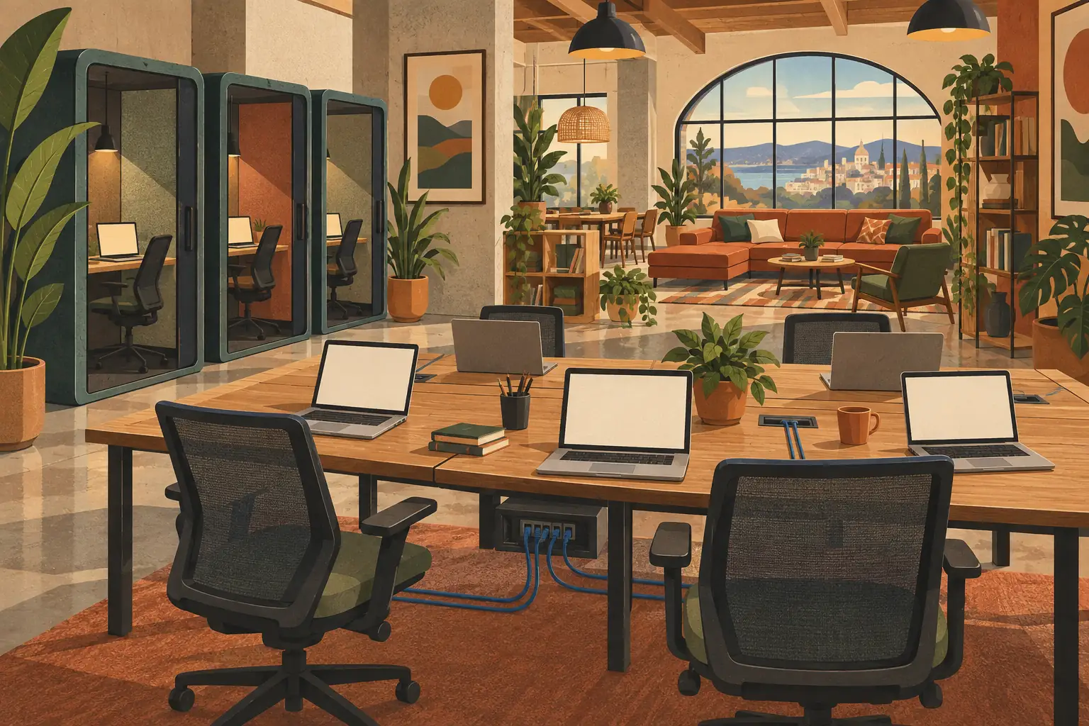 Bright coworking space with desks, laptops, private booths, plants and a lounge overlooking a coastal town