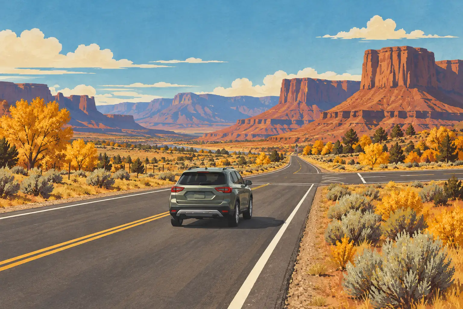 A car travels along a desert highway amid golden trees, shrubs and towering red rock cliffs beneath a blue sky