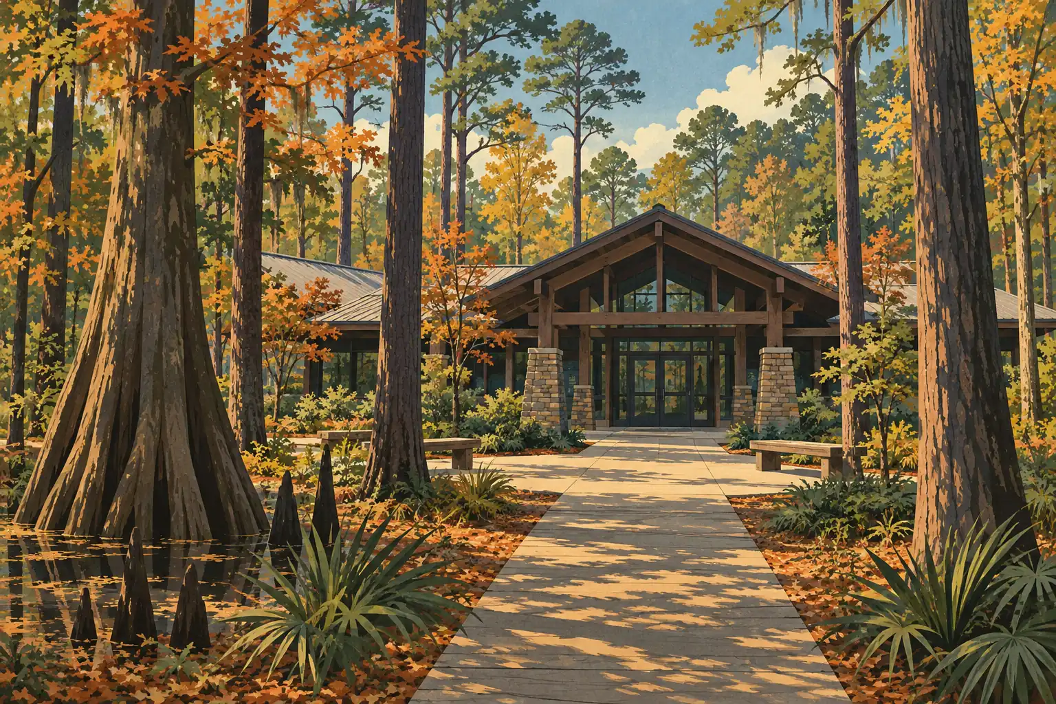 Wooden visitor center in an autumn forest, with a paved walkway, benches and a swampy area among tall trees