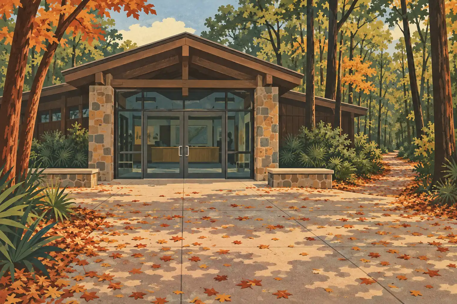 Glass entrance to a stone-and-timber visitor center, surrounded by autumn woods and a leaf-strewn paved forecourt