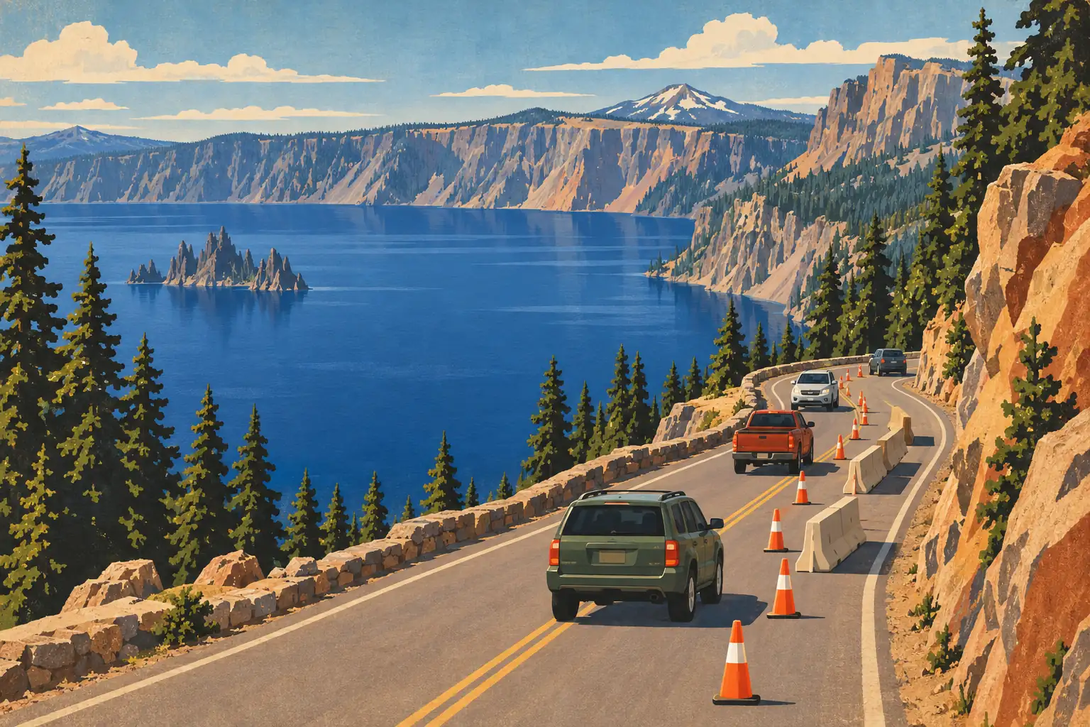 Autos fahren zwischen Leitkegeln und Barrieren auf einer Straße über dem Crater Lake, umgeben von Felsen und Kiefern