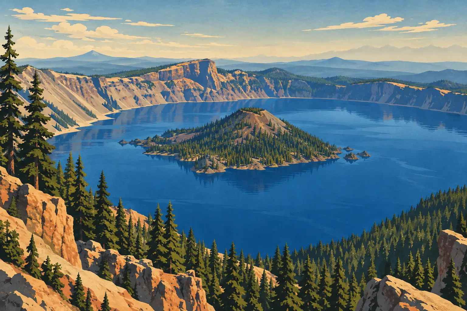 View across deep blue Crater Lake toward forested Wizard Island, rocky caldera cliffs, and foreground pines