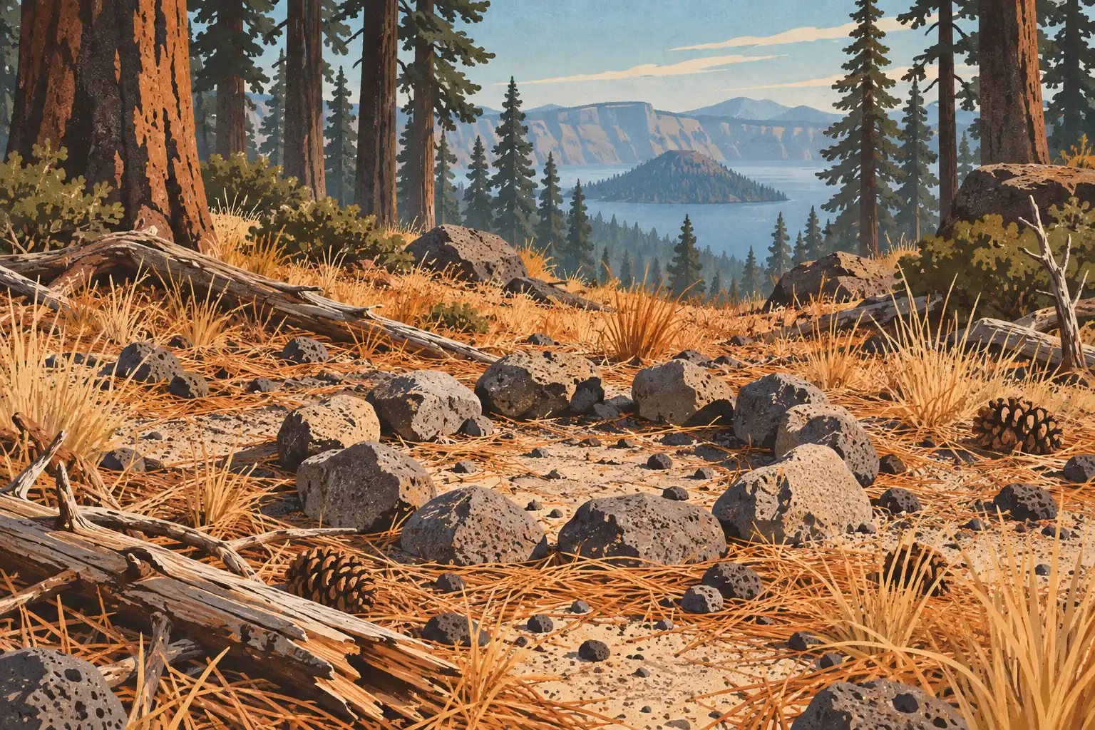 Beneath tall conifers, a ring of stones surrounds an extinguished fire pit, with the lake and its island beyond