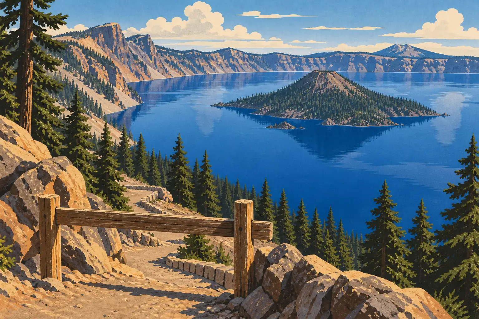 Felsiger Weg mit Holzgeländer über einem blauen See, einer bewaldeten Insel, steilen Klippen und hohen Kiefern