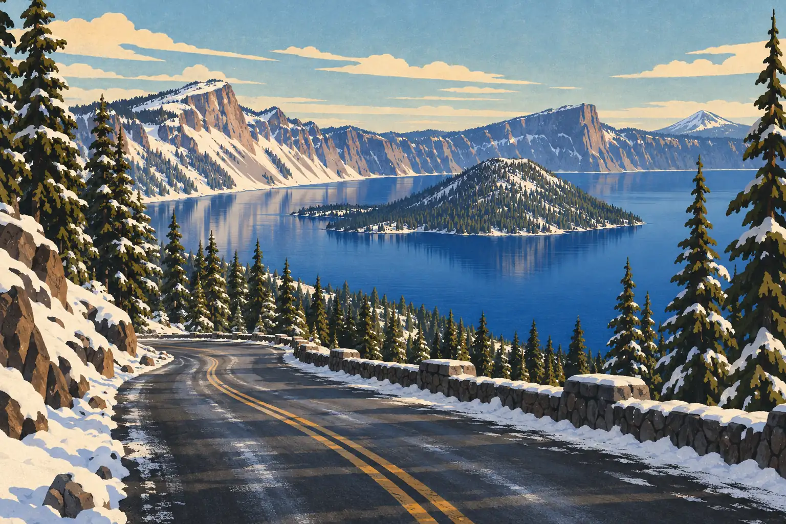 Snowy road above Crater Lake’s blue water, with Wizard Island, white cliffs, and tall fir trees around the shore