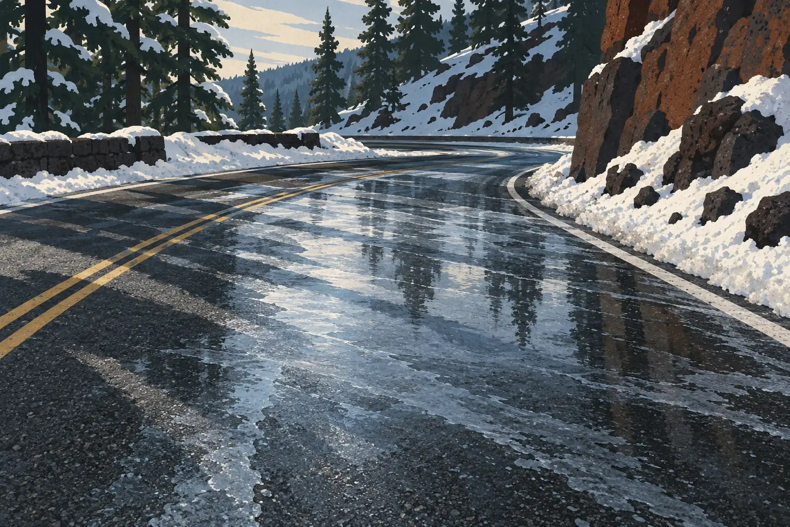 Snowy mountain road with patches of ice, bordered by tall evergreen trees and rugged rocky cliffs