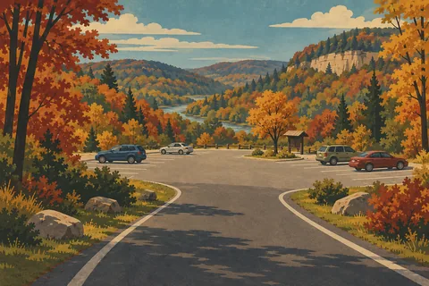 Scenic parking lot surrounded by colorful autumn trees, with four cars, a winding river and distant cliffs