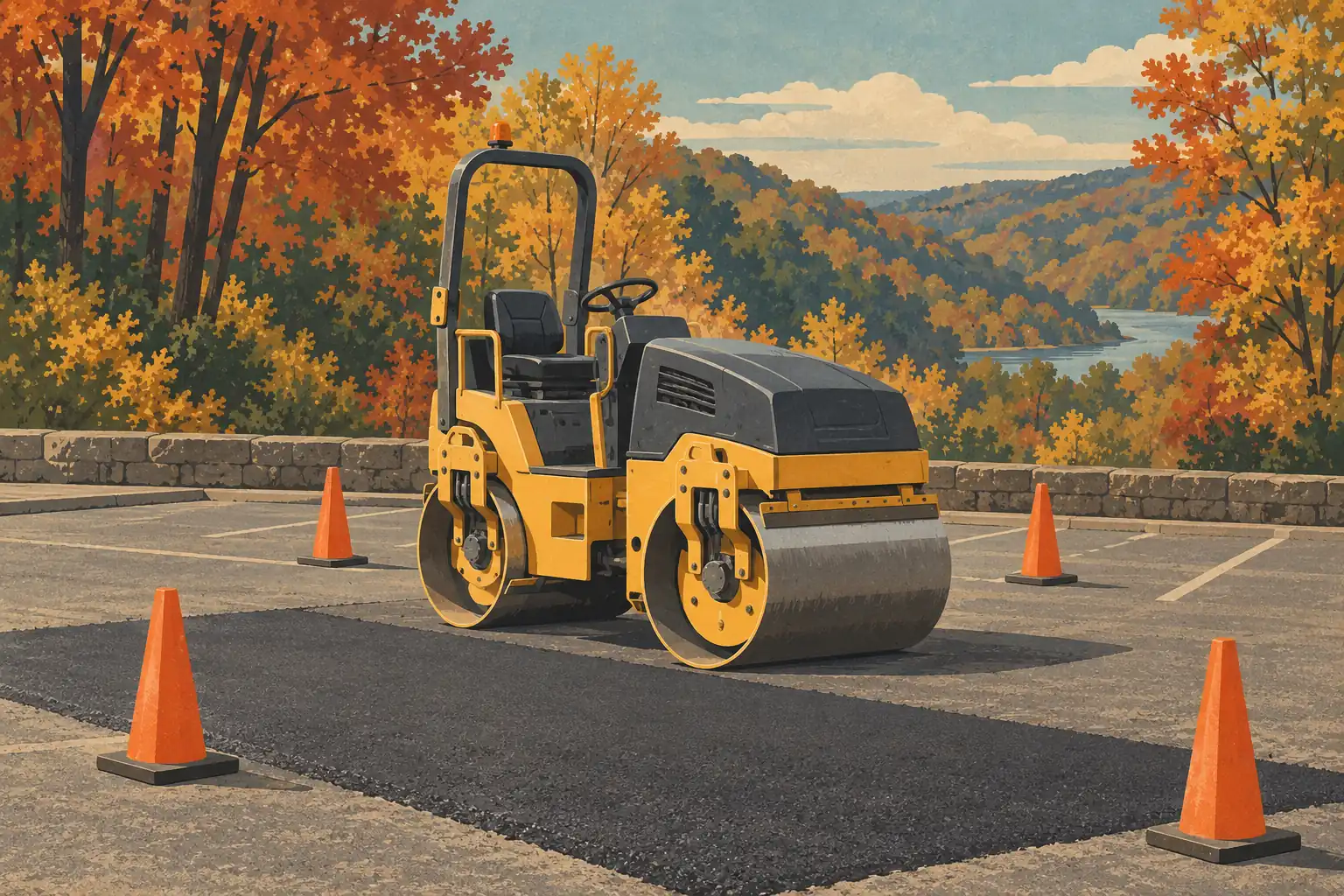 A road roller lays fresh asphalt in a parking lot marked by cones, overlooking a river valley filled with autumn trees