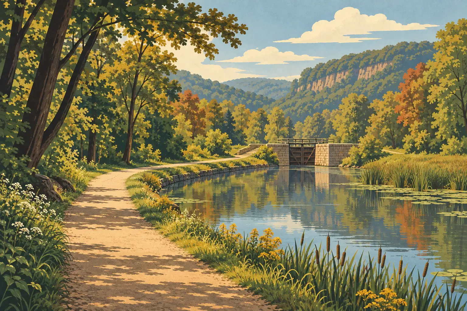 A path follows a calm canal bordered by reeds and trees, with a stone lock and wooded hills in the distance