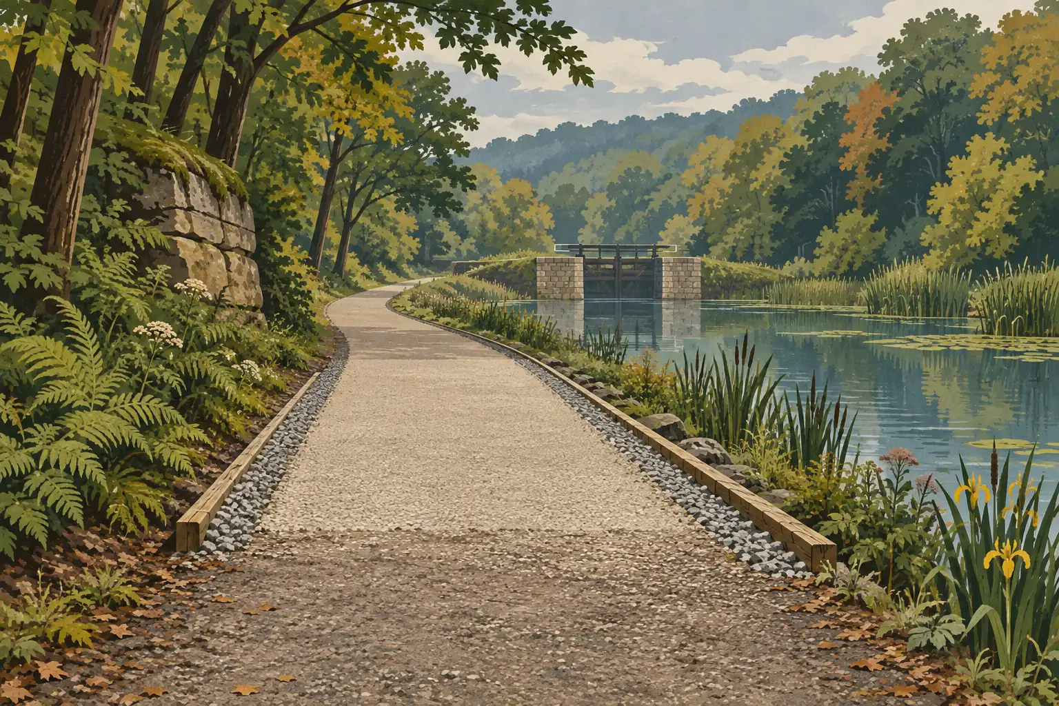 Gravel trail beside a calm canal, bordered by ferns and reeds, with a lock beneath wooded hills and a cloudy sky