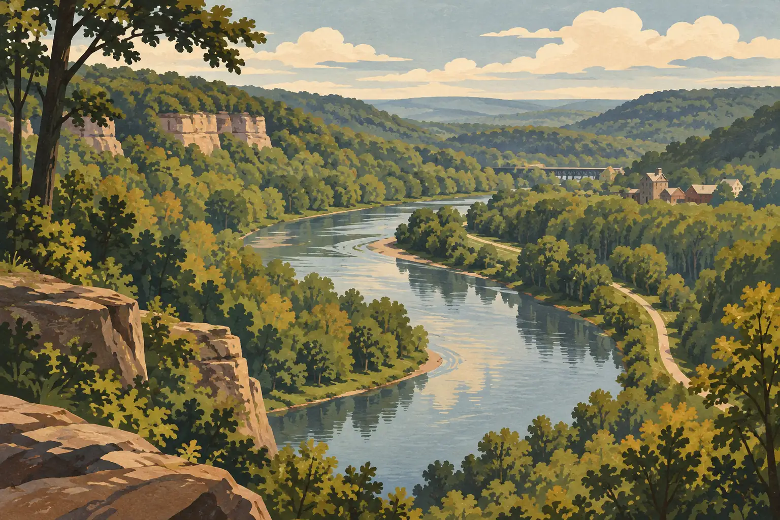 A winding river crosses a wooded valley framed by rocky cliffs, rolling hills, a bridge and distant buildings