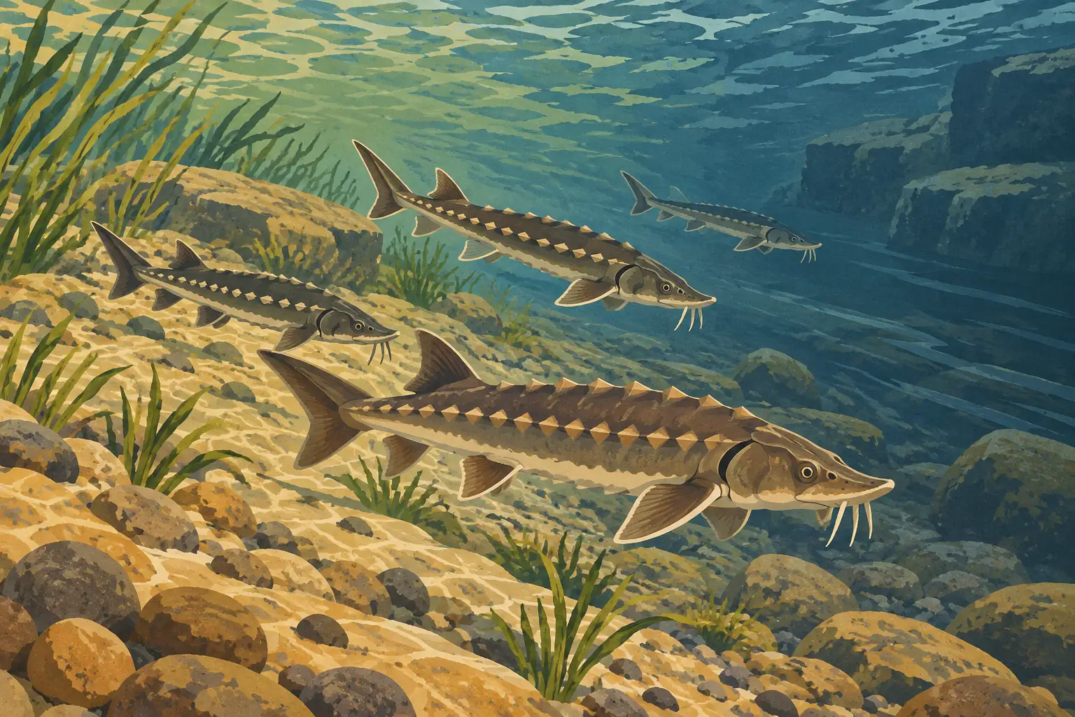 Four sturgeons swim above a rocky riverbed among aquatic plants in clear blue-green water, with large foreground boulders