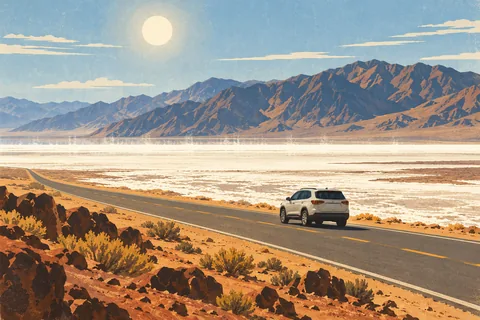 A white SUV drives along a desert road beside a vast salt flat, with rugged mountains beneath a blazing sun