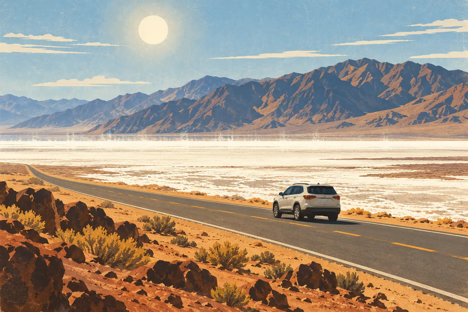 A white SUV drives along a desert road beside a vast salt flat, with rugged mountains beneath a blazing sun