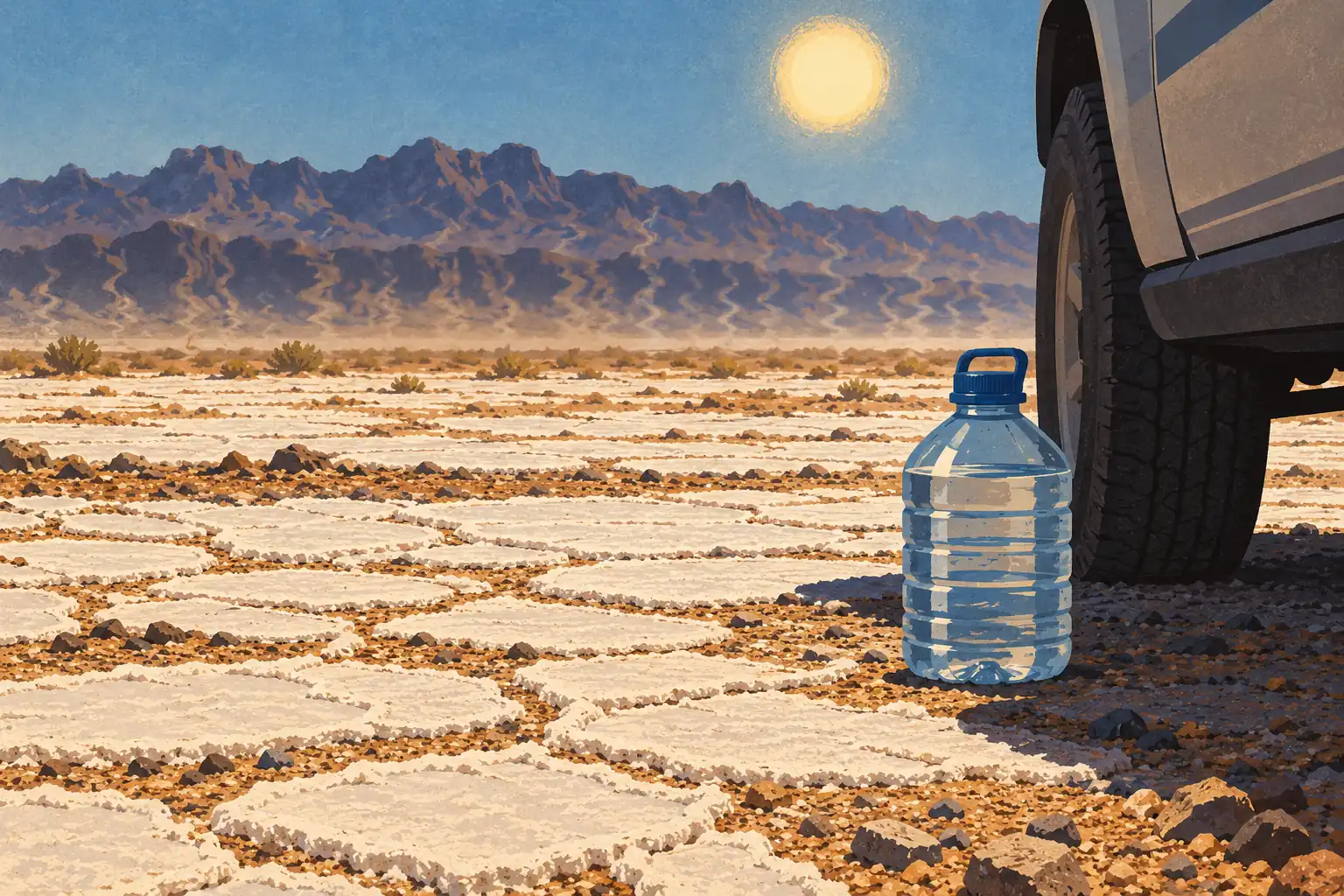 A water jug stands in a vehicle’s shade on a salt-crusted desert floor beneath a blazing sun and distant mountains