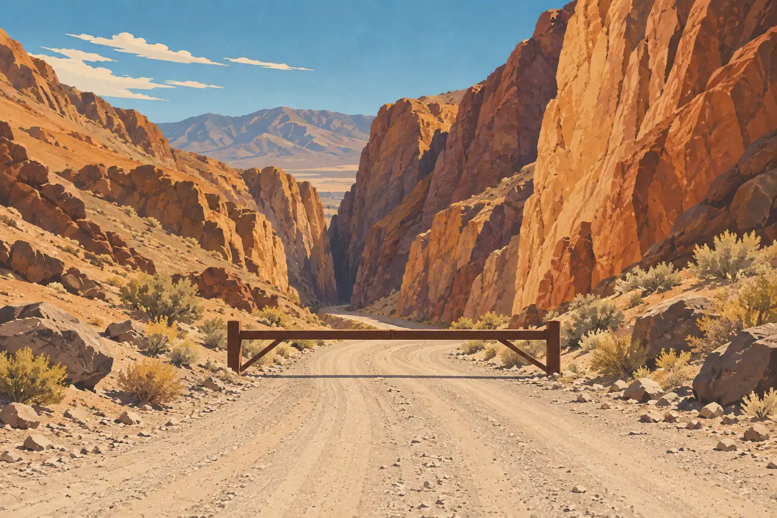 A wooden barrier blocks a dusty road winding between towering orange canyon cliffs beneath a clear blue sky