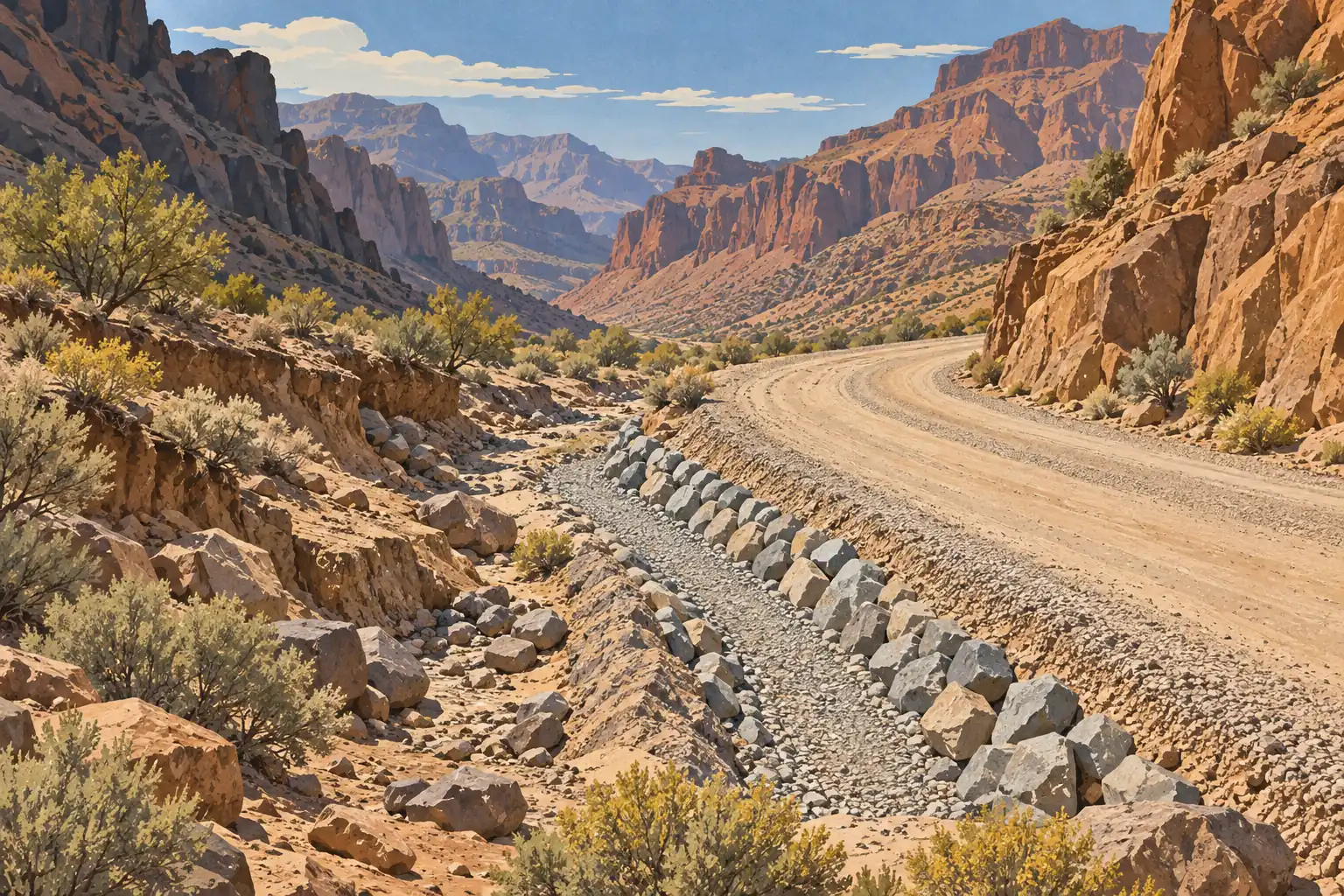 Dirt road winding through an arid rocky canyon, beside a stone-lined drainage channel, boulders and desert shrubs