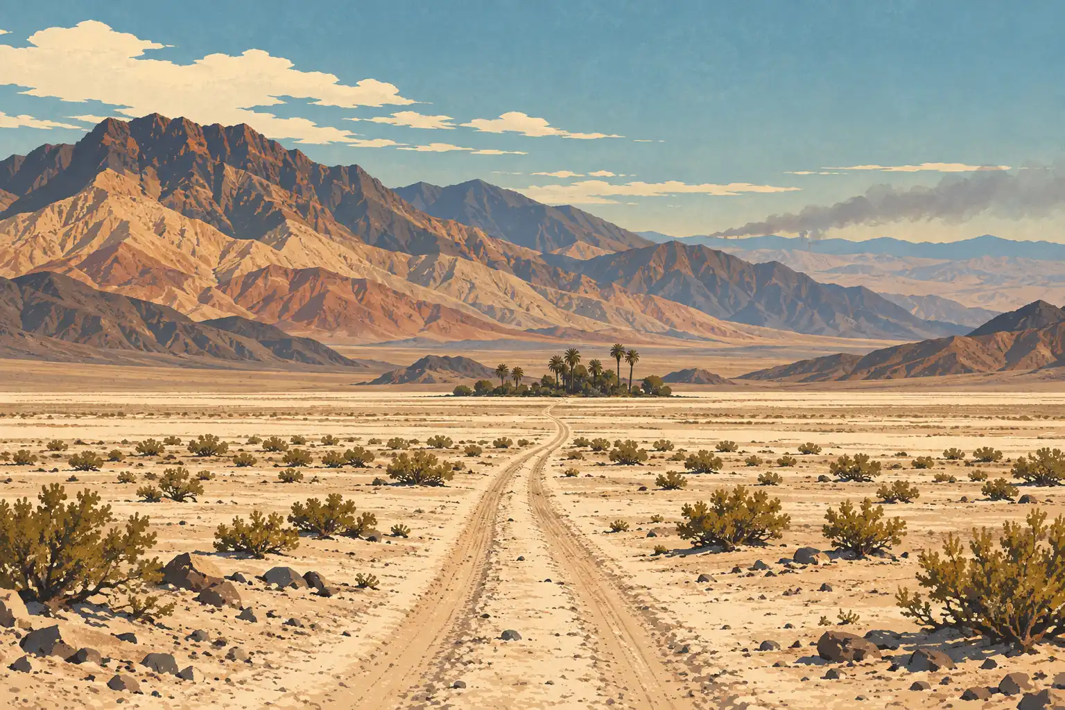 Camino de tierra que cruza una llanura desértica hacia un oasis con palmeras, ante montañas escarpadas y una columna de humo