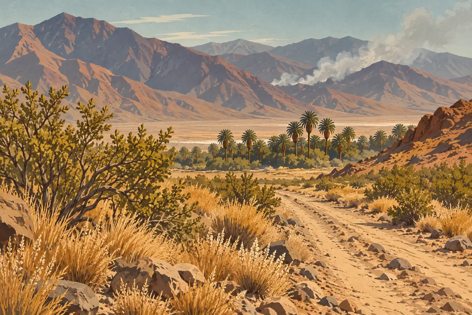 Un camino rocoso cruza un desierto cubierto de arbustos hacia un oasis de palmeras, ante altas montañas