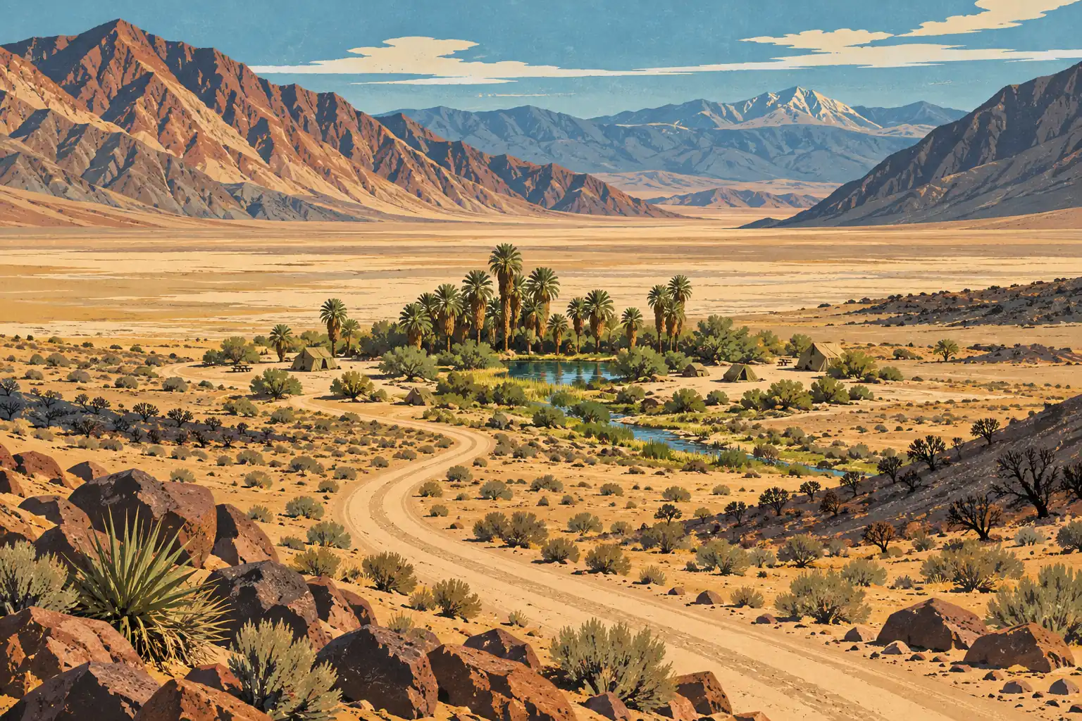 A winding dirt road crosses a desert valley toward a palm oasis with a pond and several tents beneath mountains