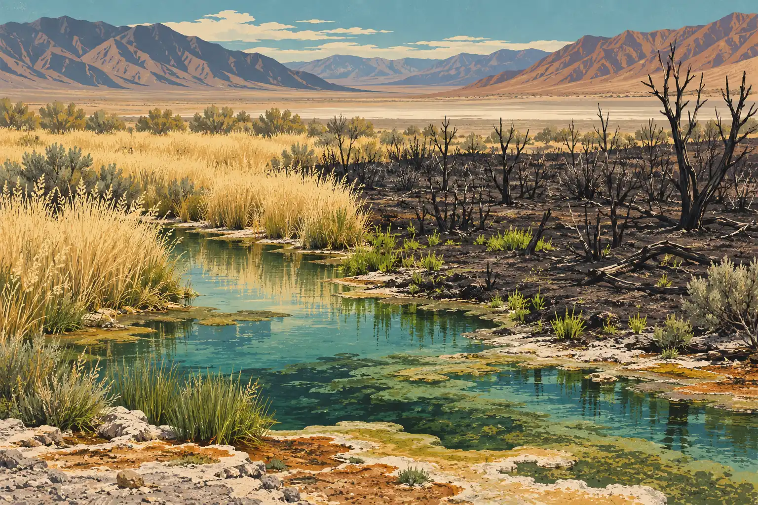 Turquoise spring bordered by reeds, between golden grassland and burned ground, with desert mountains beyond