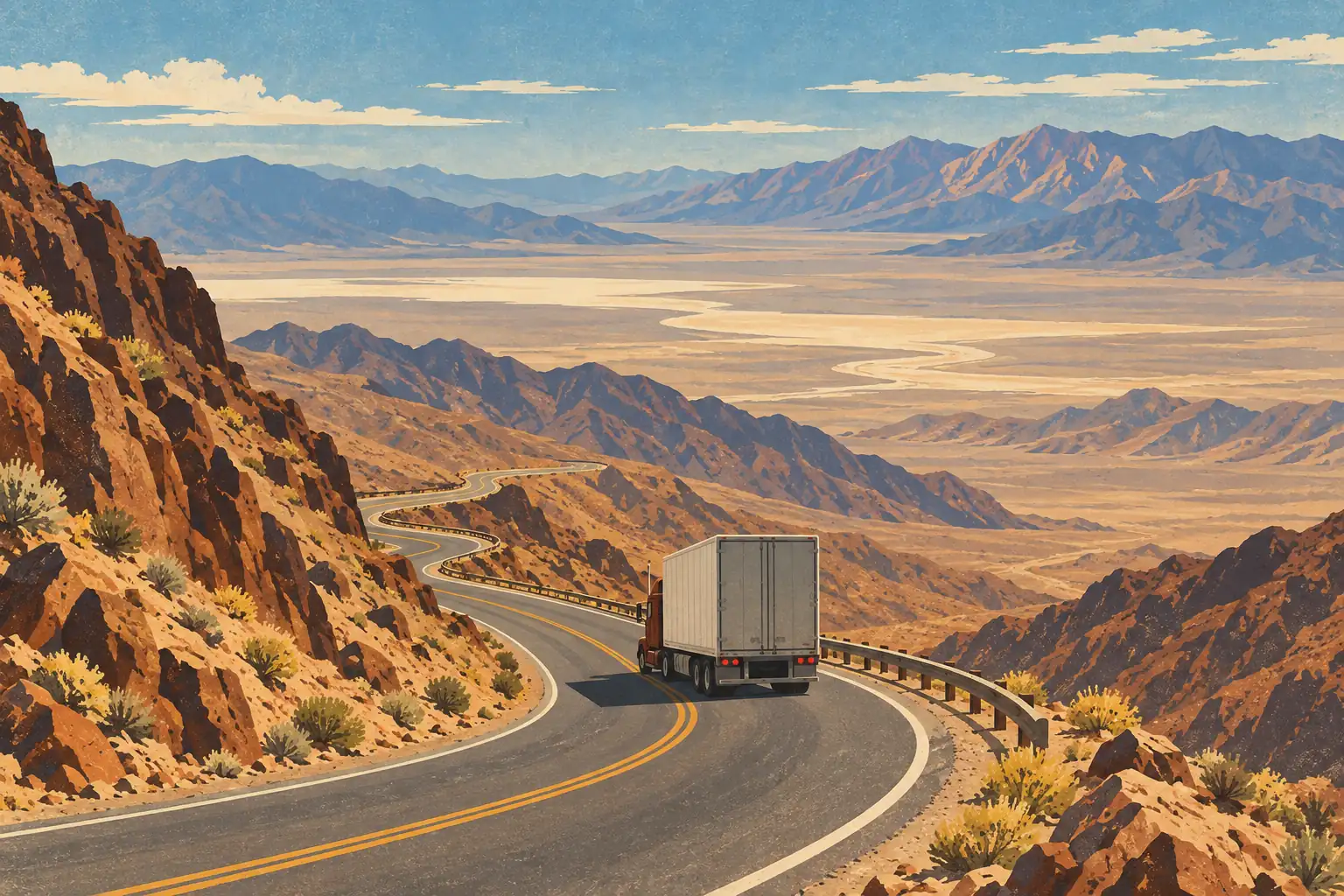 A semi-truck descends a winding mountain road above a vast desert valley, with rugged peaks stretching across the horizon