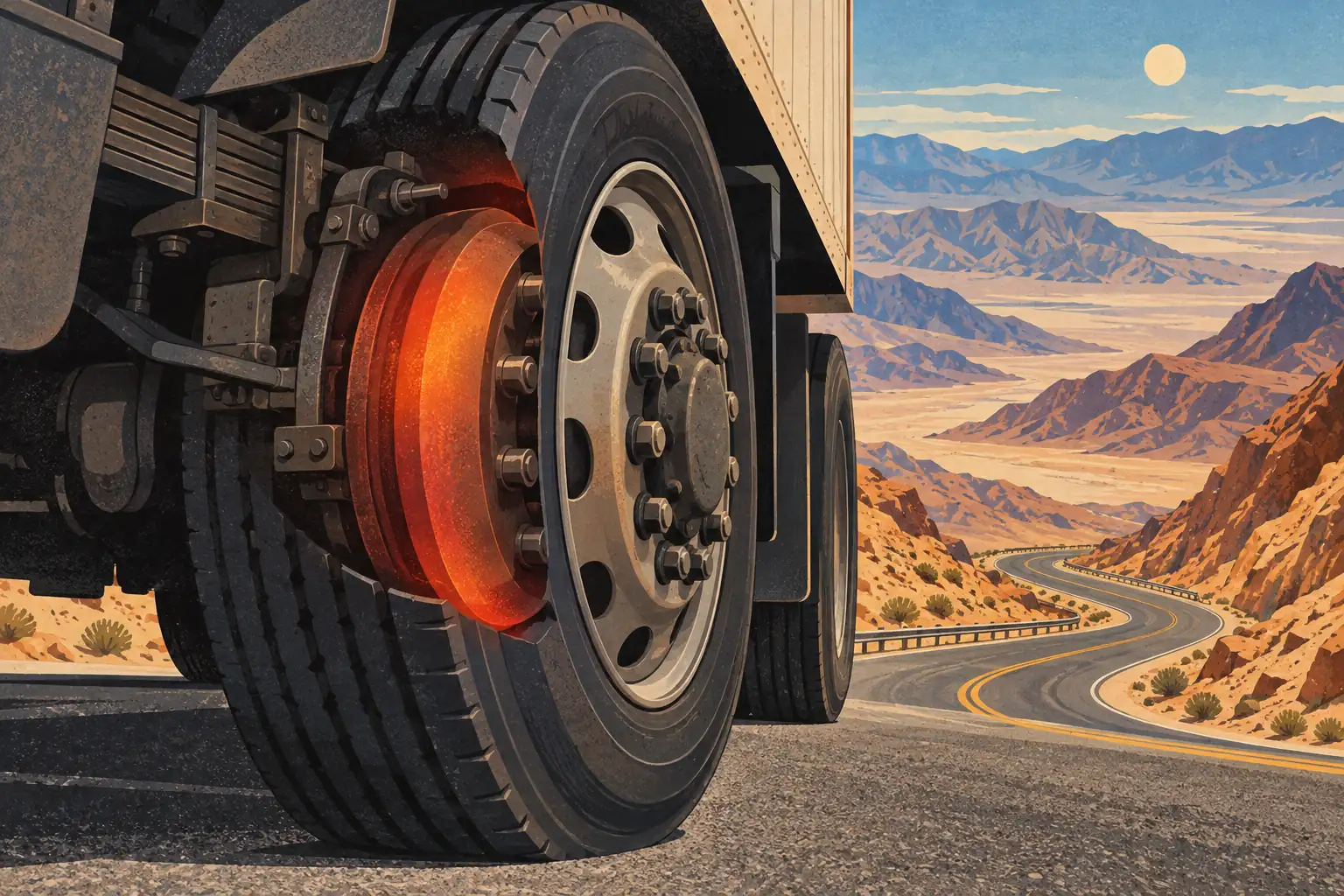 Close-up of a truck wheel with overheated brakes beside a winding road through a sunlit desert valley