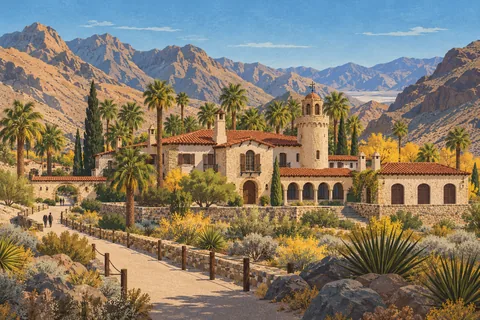 Stone castle with red-tiled roofs, surrounded by palm trees and desert gardens beneath rugged mountains