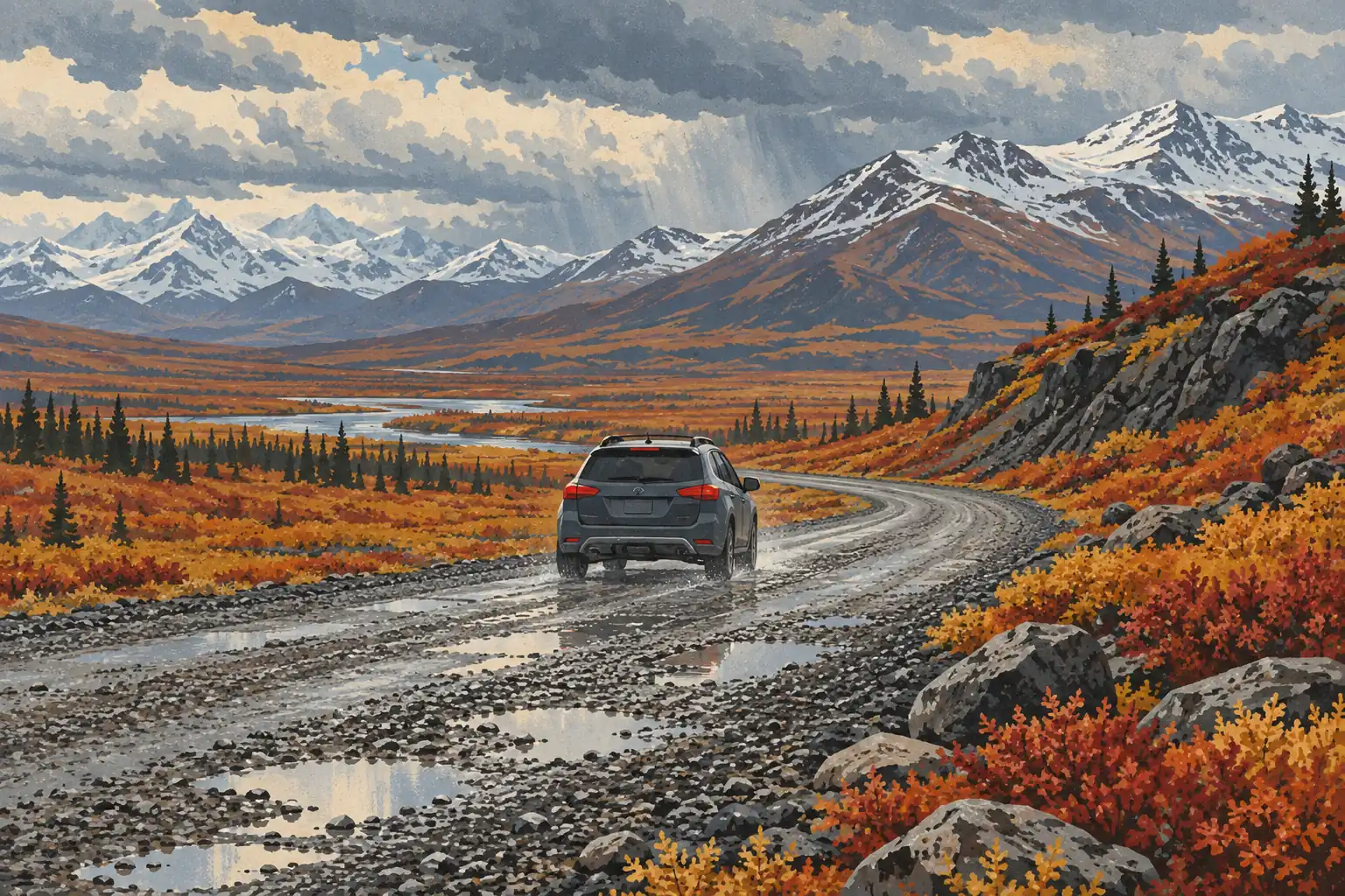 Ein grauer SUV fährt auf einer schlammigen Schotterstraße durch herbstliche Tundra auf eine weite Kette verschneiter Berge zu