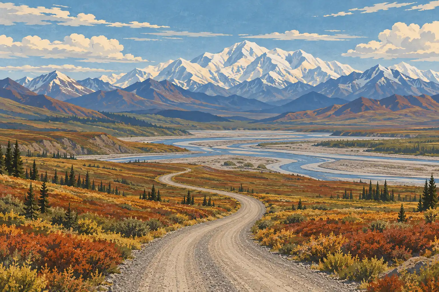 Winding gravel road crossing autumn tundra toward a braided river and a vast range of snow-covered mountains