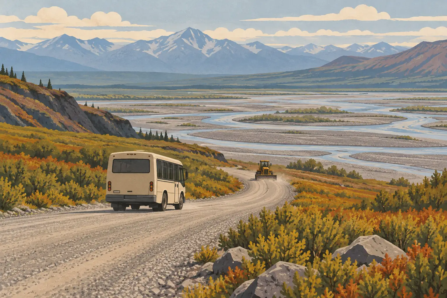 A bus travels along a gravel road behind a grader, overlooking a braided river and snow-covered mountains