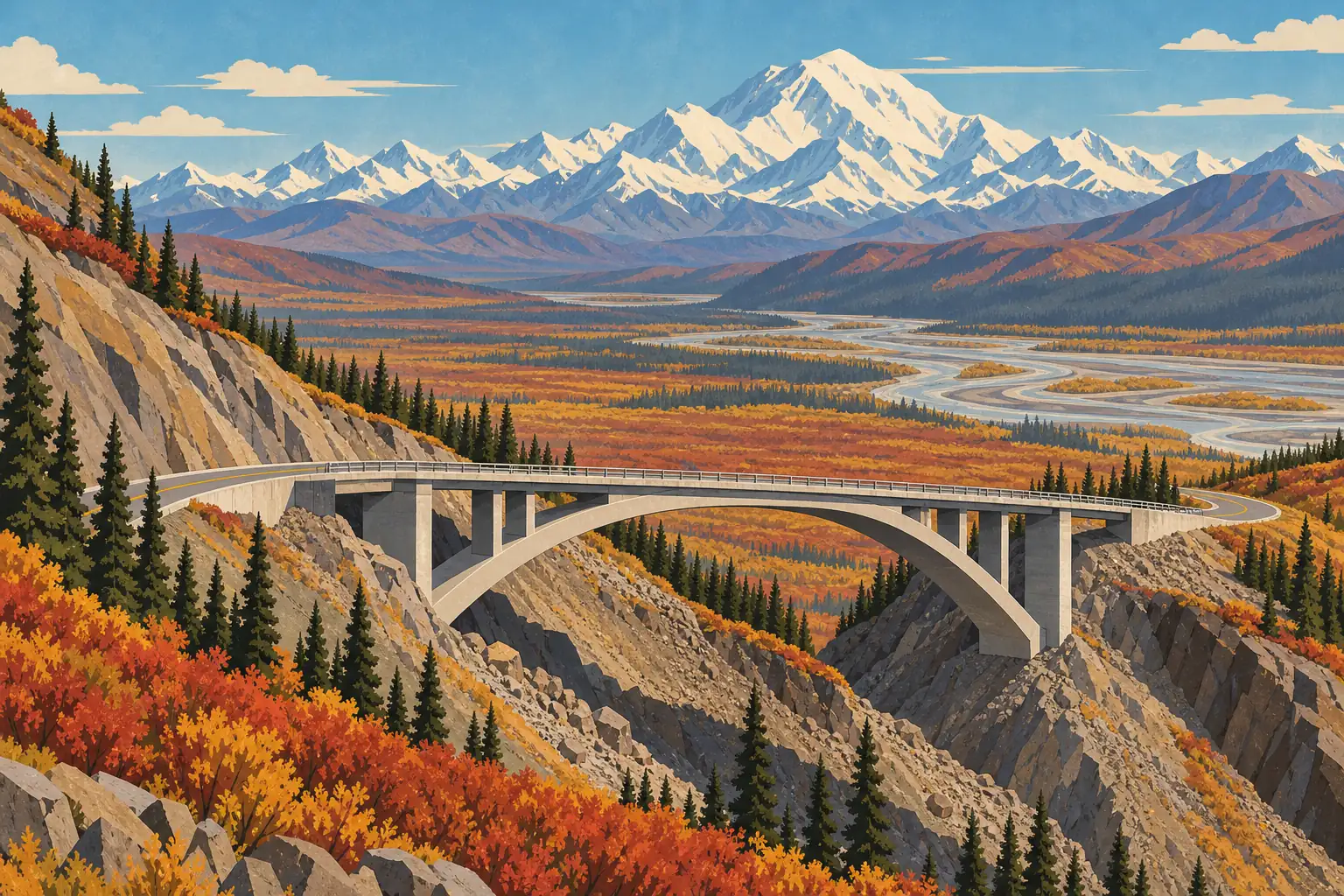 Eine Straßenbrücke überspannt eine felsige Schlucht über einem Herbsttal, dahinter ein gewundener Fluss und hohe Schneeberge