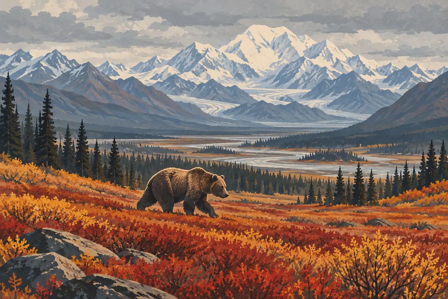 Un ours brun traverse une toundra rouge et dorée, devant une rivière sinueuse, des sapins et de hautes montagnes enneigées