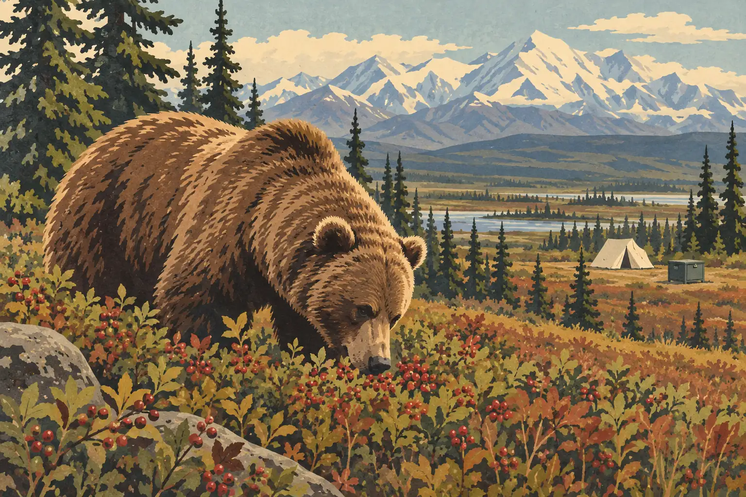 Un ours brun mange des baies rouges dans la toundra, devant des sapins, une tente, un lac et des montagnes enneigées