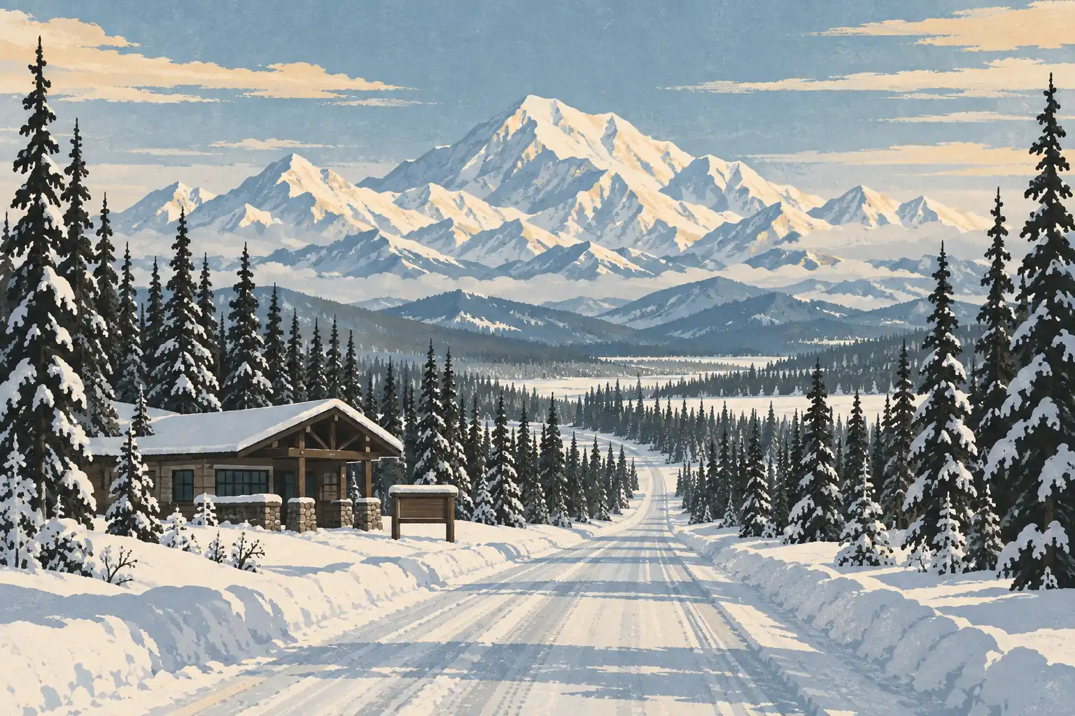 Snow-covered road through a spruce forest, with a lodge on the left and sunlit Denali rising in the distance