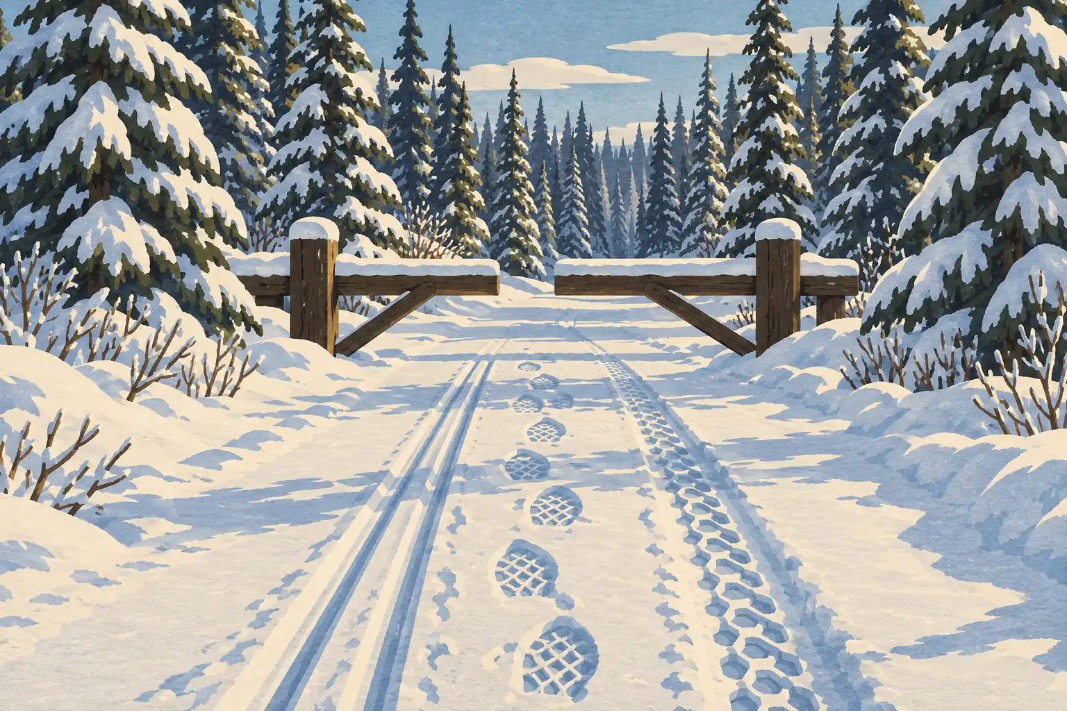 A snowy path marked by tire, ski and boot tracks leads to a wooden barrier surrounded by tall evergreen trees