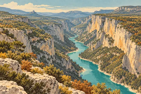 A turquoise river winds through a vast limestone canyon, between wooded cliffs and distant mountain ridges