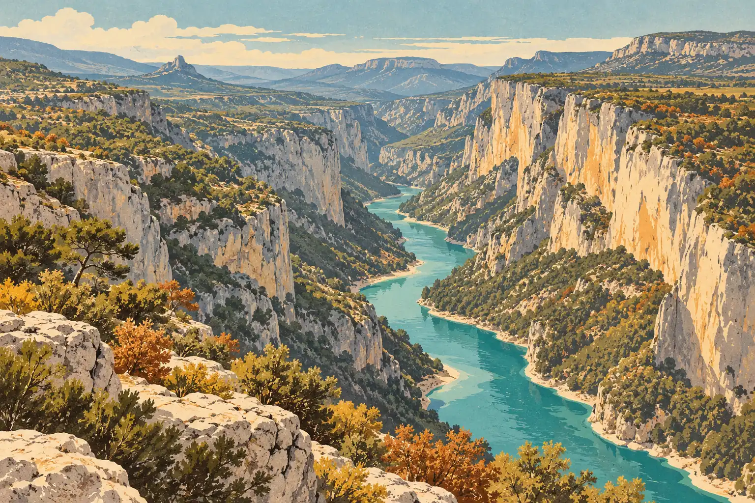A turquoise river winds through a vast limestone canyon, between wooded cliffs and distant mountain ridges