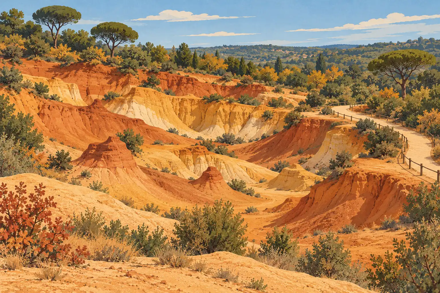 Ochre and orange cliffs dotted with shrubs, beside a fenced winding path, pine trees, distant hills and a cloudy blue sky