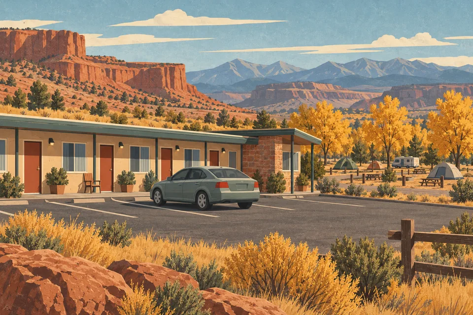 Roadside motel with a parked car, tents and an RV among yellow trees, backed by red mesas and distant mountains