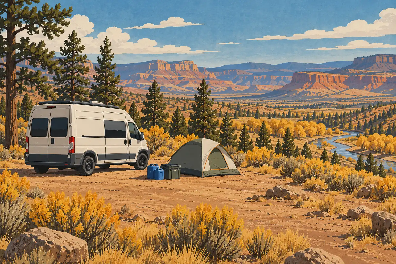 Ein weißer Campingbus und ein Zelt zwischen Kiefern und gelben Sträuchern mit Blick auf ein weites Tal mit Tafelbergen und Fluss