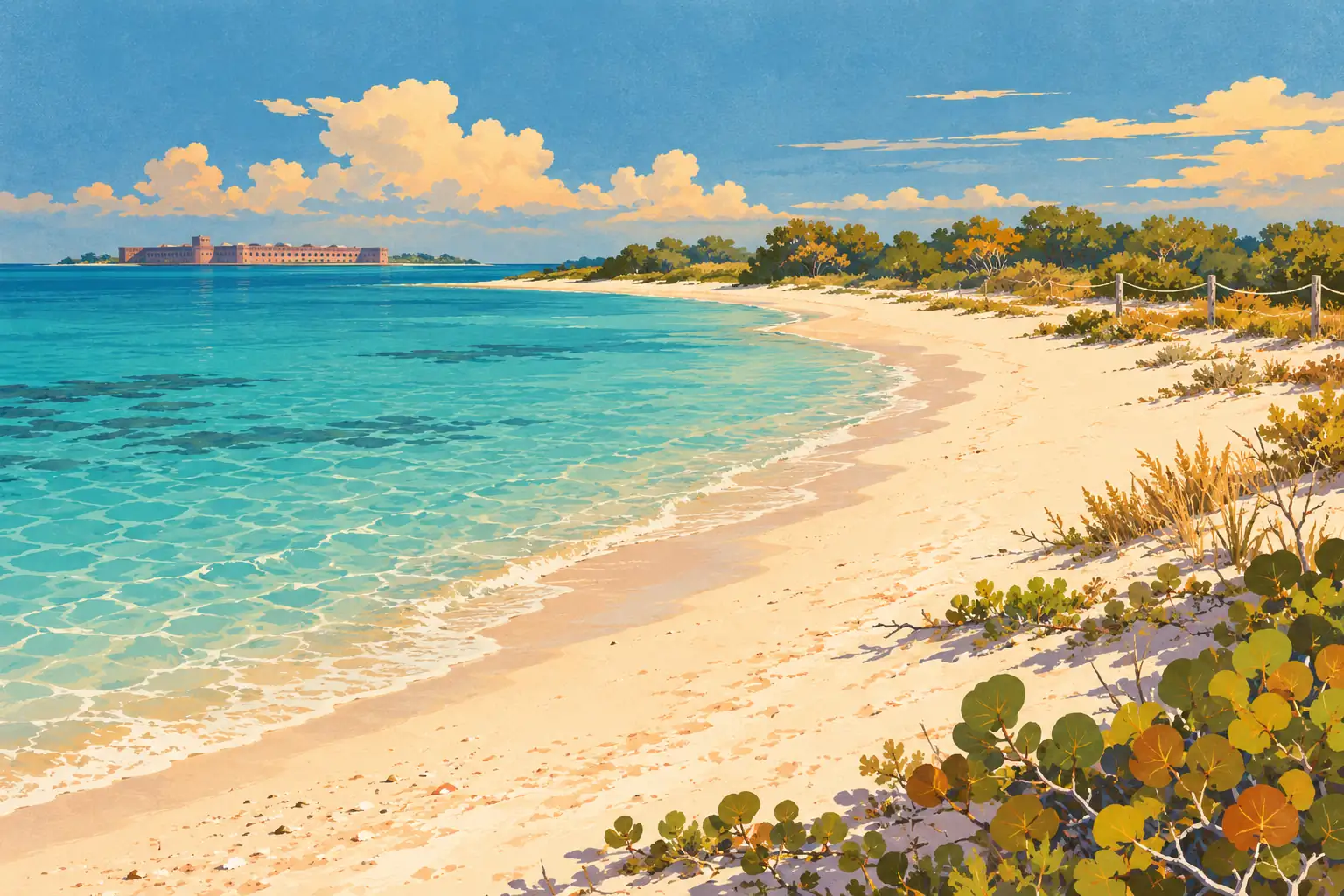 White sandy beach beside turquoise water, with coastal vegetation in the foreground and a fort on an island in the distance