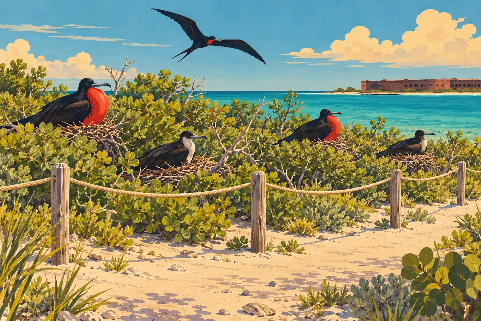 Frigatebirds nest among coastal shrubs behind a rope fence, with turquoise water and a distant fort