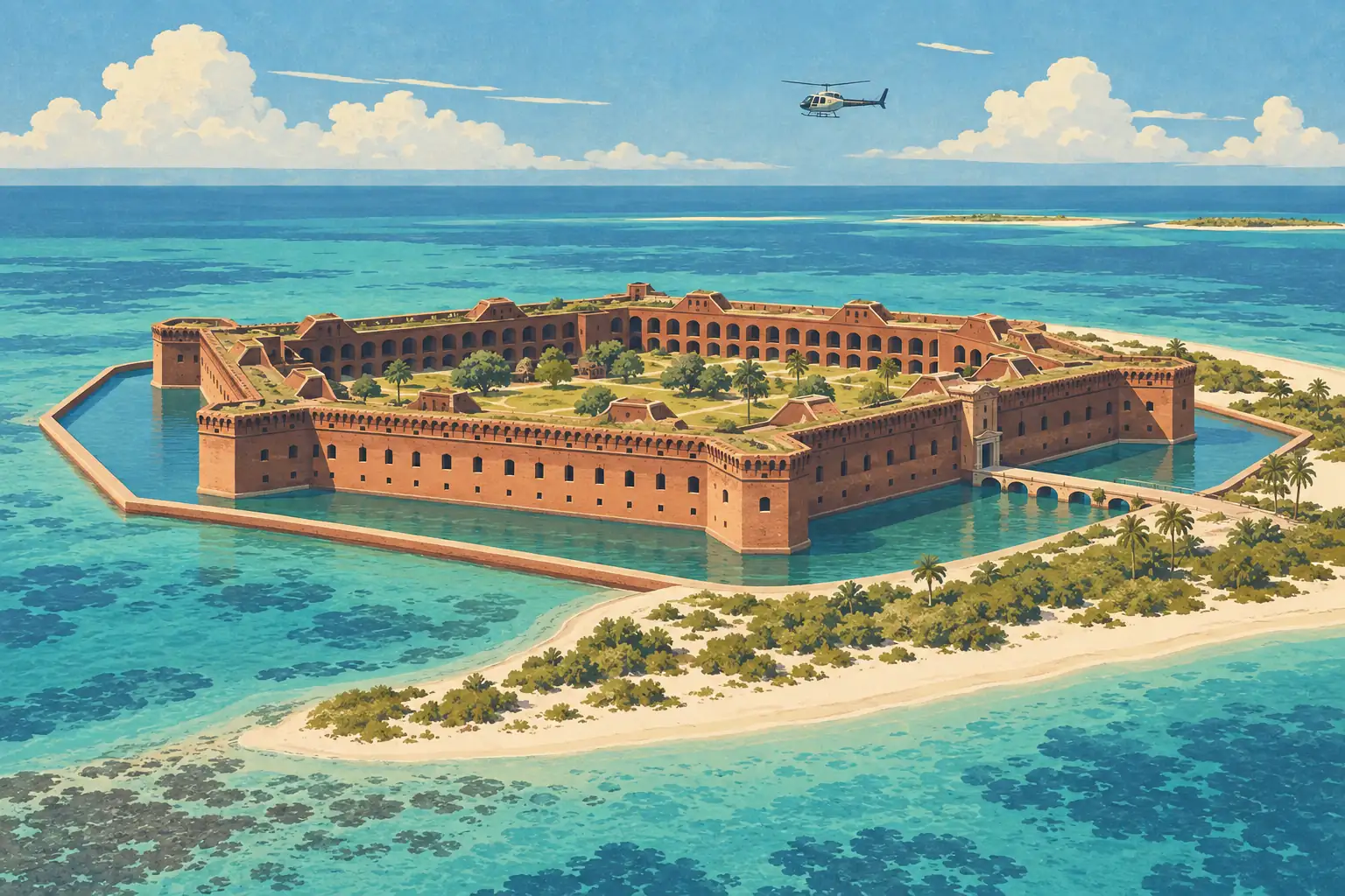 Aerial view of Fort Jefferson surrounded by turquoise water, with sandy beaches, palm trees, clouds and a helicopter overhead