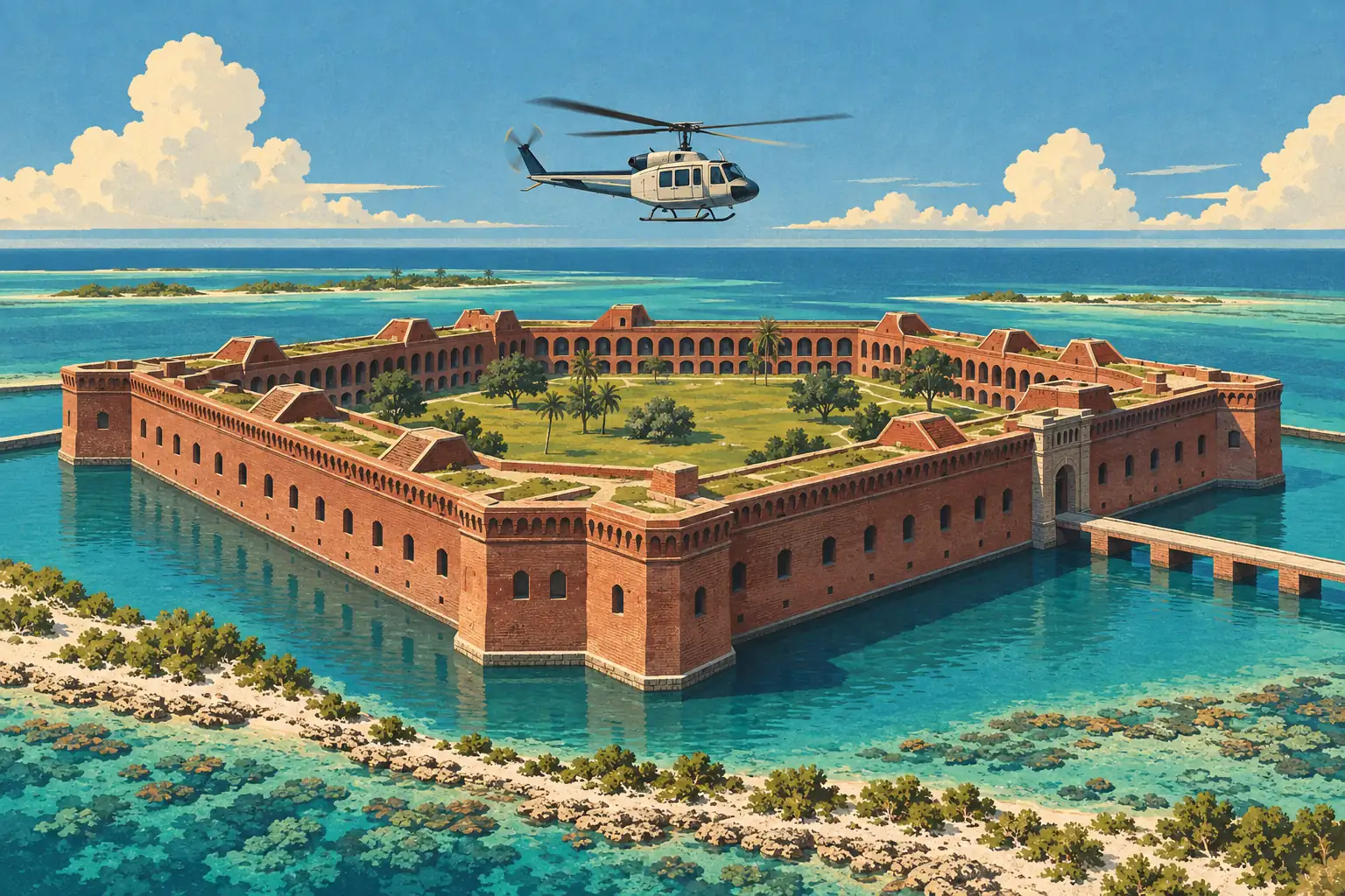 A helicopter flies above Fort Jefferson, a vast brick fortress surrounded by turquoise water and small islands