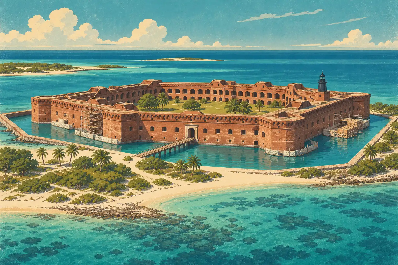 Brick Fort Jefferson surrounded by a turquoise moat, with scaffolding, a footbridge, palm trees, and the sea beyond