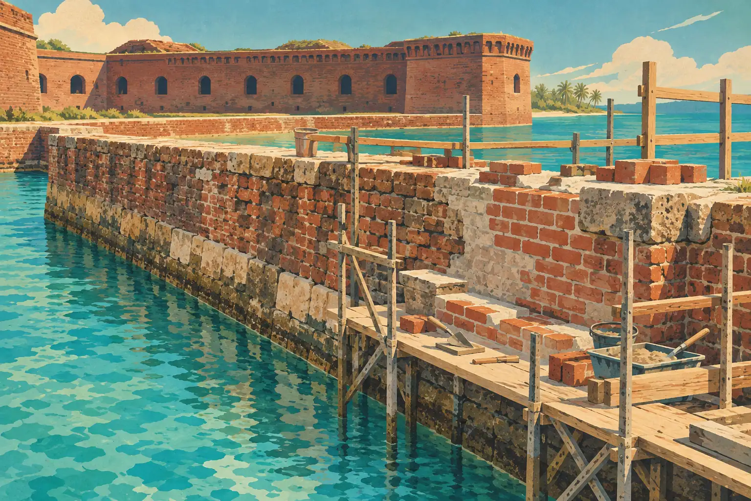 Brick moat wall under repair with wooden scaffolding, turquoise water, and Fort Jefferson in the background
