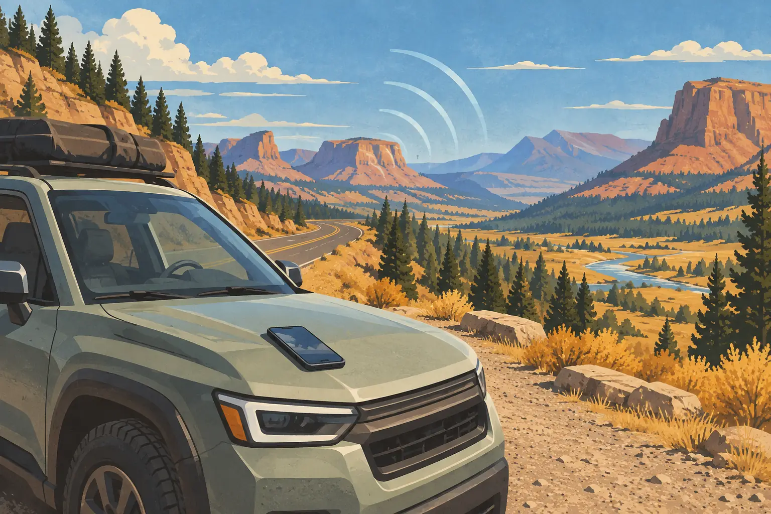 A luggage-loaded SUV sits beside a winding road, with a phone on its hood and signal waves above distant mountains